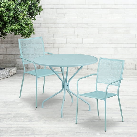 Emma + Oliver Commercial Grade 35.25" Round Sky Blue Patio Table Set-2 Square Back Chairs