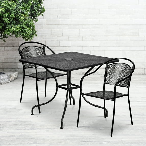 Emma + Oliver Commercial Grade 35.5" Square Black Patio Table Set-2 Round Back Chairs