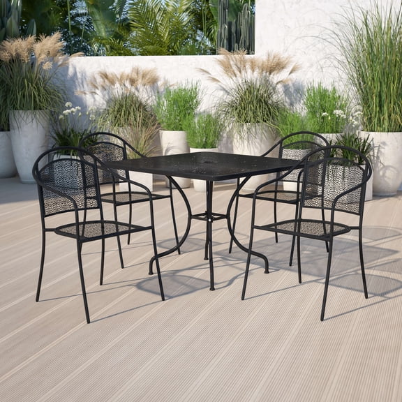 Emma + Oliver Commercial Grade 35.5" Square Black Patio Table Set-4 Round Back Chairs