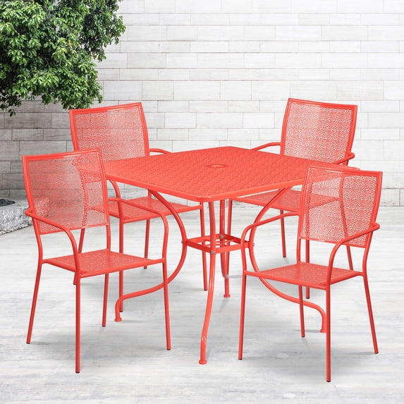 Emma + Oliver Commercial Grade 35.5" Square Coral Patio Table Set-4 Square Back Chairs
