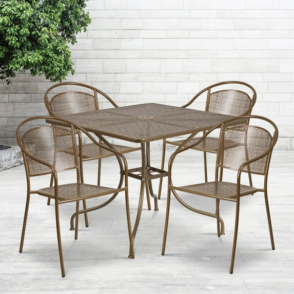 Emma + Oliver Commercial Grade 35.5" Square Gold Patio Table Set-4 Round Back Chairs