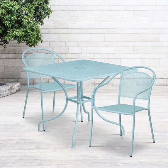 Emma + Oliver Commercial Grade 35.5" Square Sky Blue Patio Table Set-2 Round Back Chairs