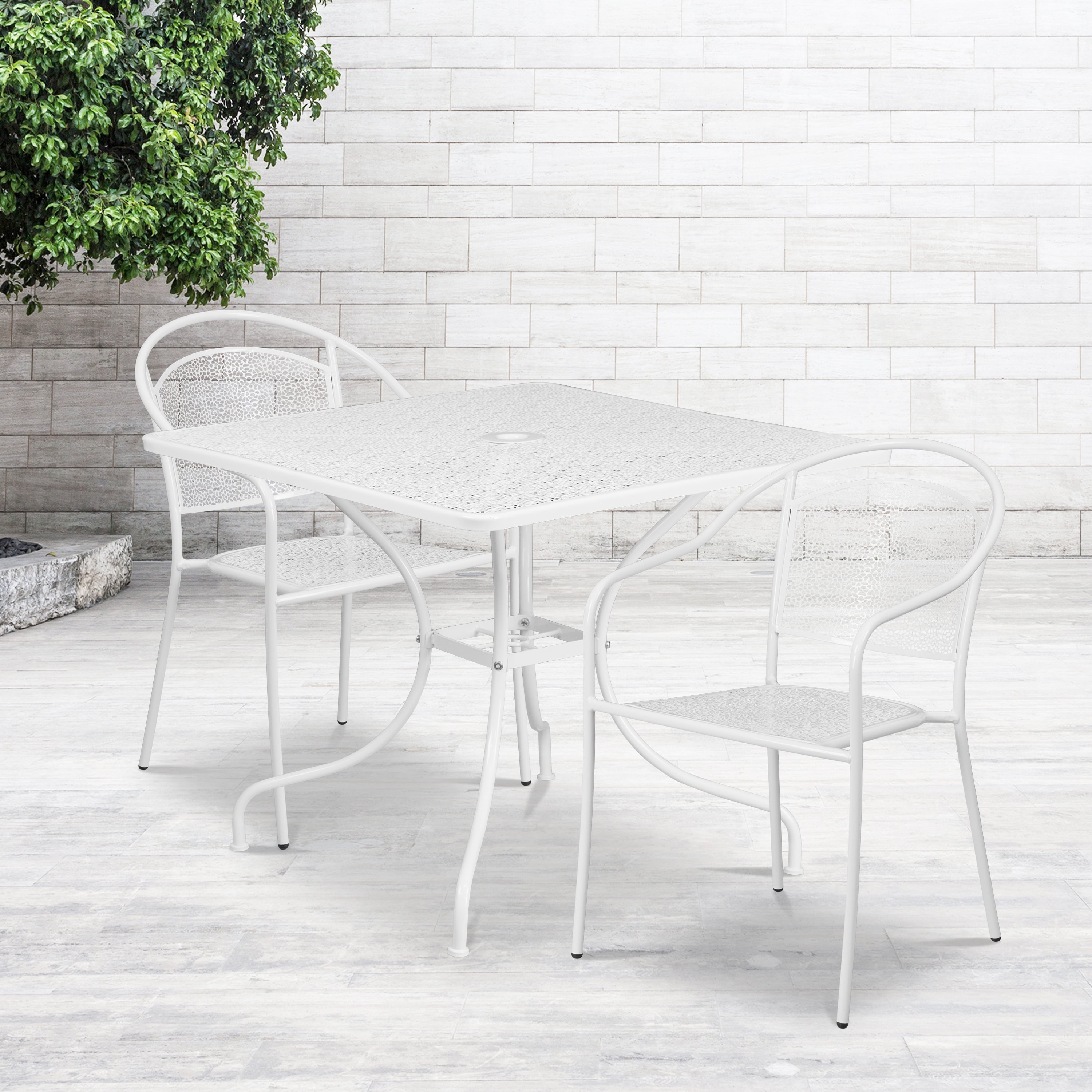 Commercial Grade White Steel Patio Table Set with 2 Chairs