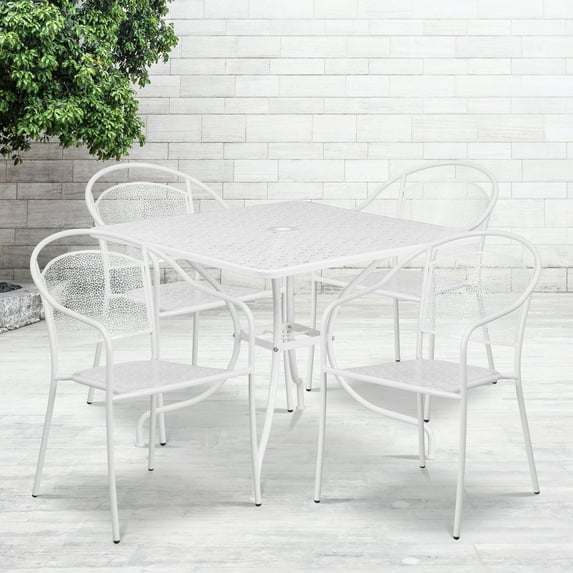 Emma + Oliver Commercial Grade 35.5" Square White Patio Table Set-4 Round Back Chairs