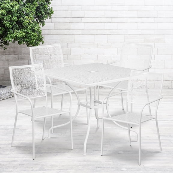 Emma + Oliver Commercial Grade 35.5" Square White Patio Table Set-4 Square Back Chairs