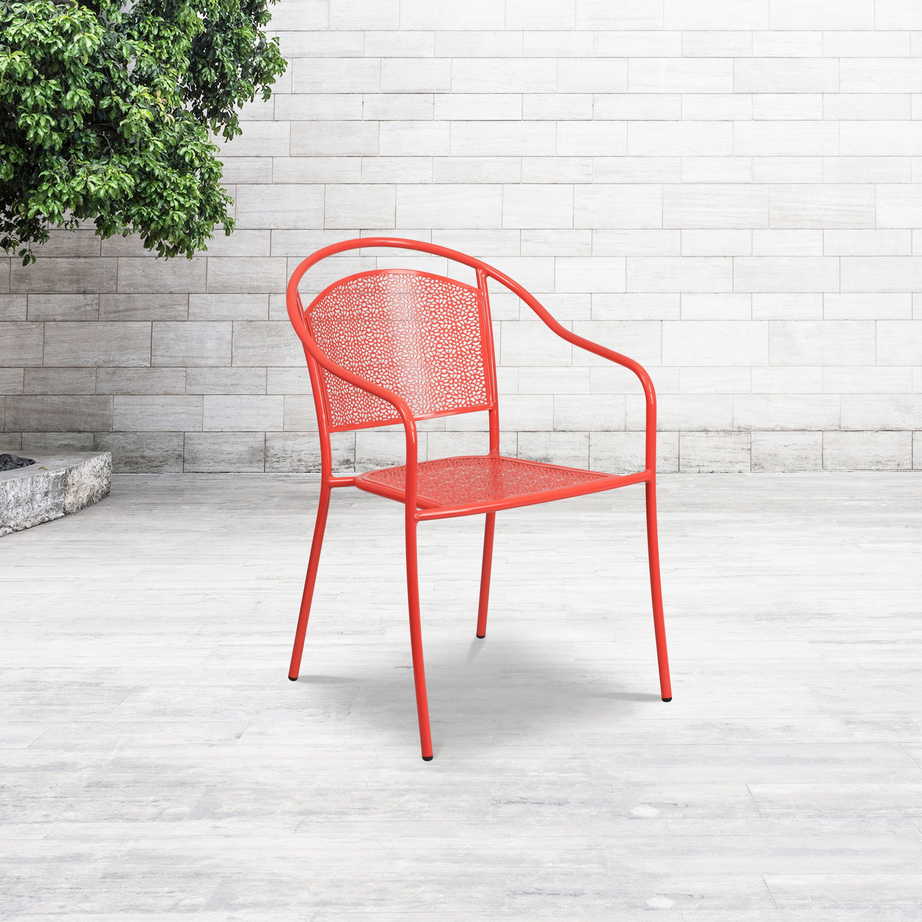 Emma + Oliver Commercial Grade Coral Indoor-Outdoor Steel Patio Arm Chair with Round Back