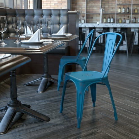 Emma + Oliver Commercial Grade Distressed Blue Metal Indoor-Outdoor Stackable Chair