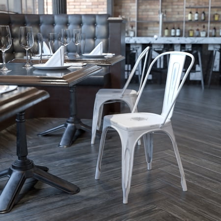 Emma + Oliver Commercial Grade Distressed White Metal Indoor-Outdoor Stackable Chair
