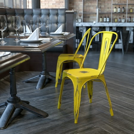 Emma + Oliver Commercial Grade Distressed Yellow Metal Indoor-Outdoor Stackable Chair