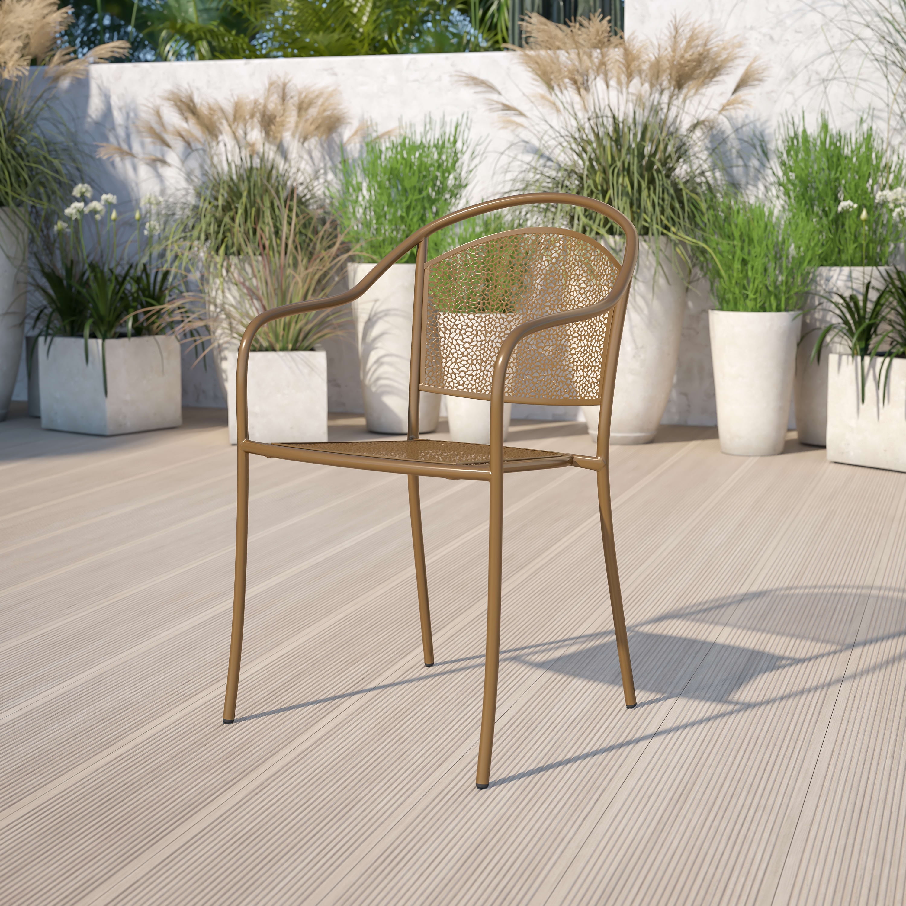 Emma + Oliver Commercial Grade Gold Indoor-Outdoor Steel Patio Arm Chair with Round Back