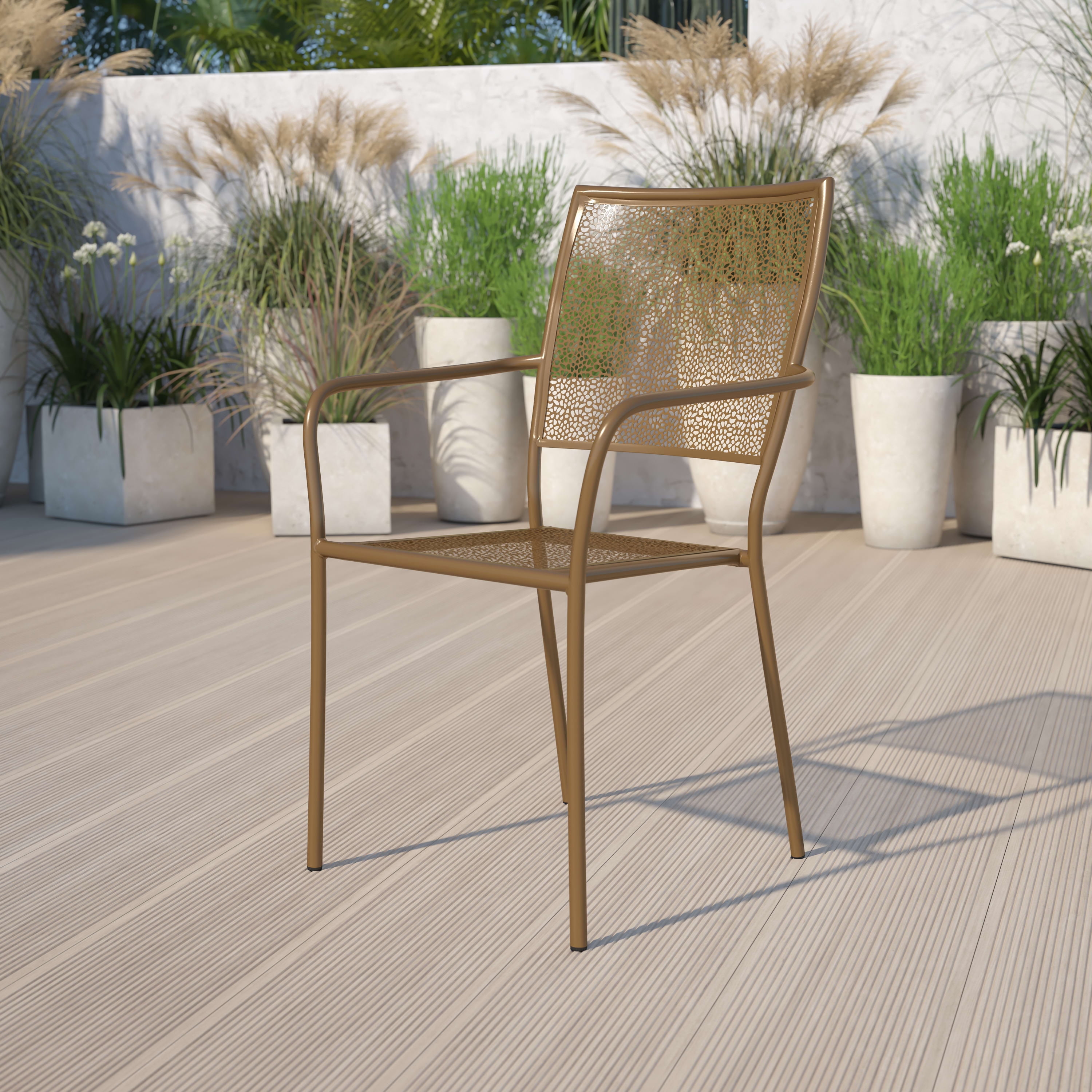 Emma + Oliver Commercial Grade Gold Indoor-Outdoor Steel Patio Arm Chair with Square Back