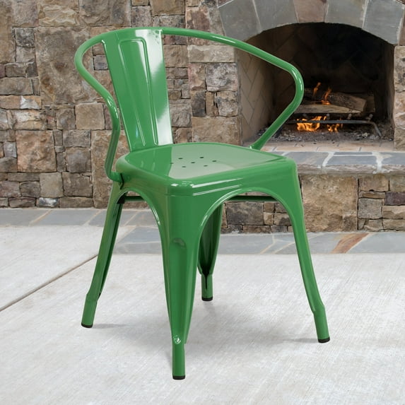 Emma + Oliver Commercial Grade Green Metal Indoor-Outdoor Chair with Arms