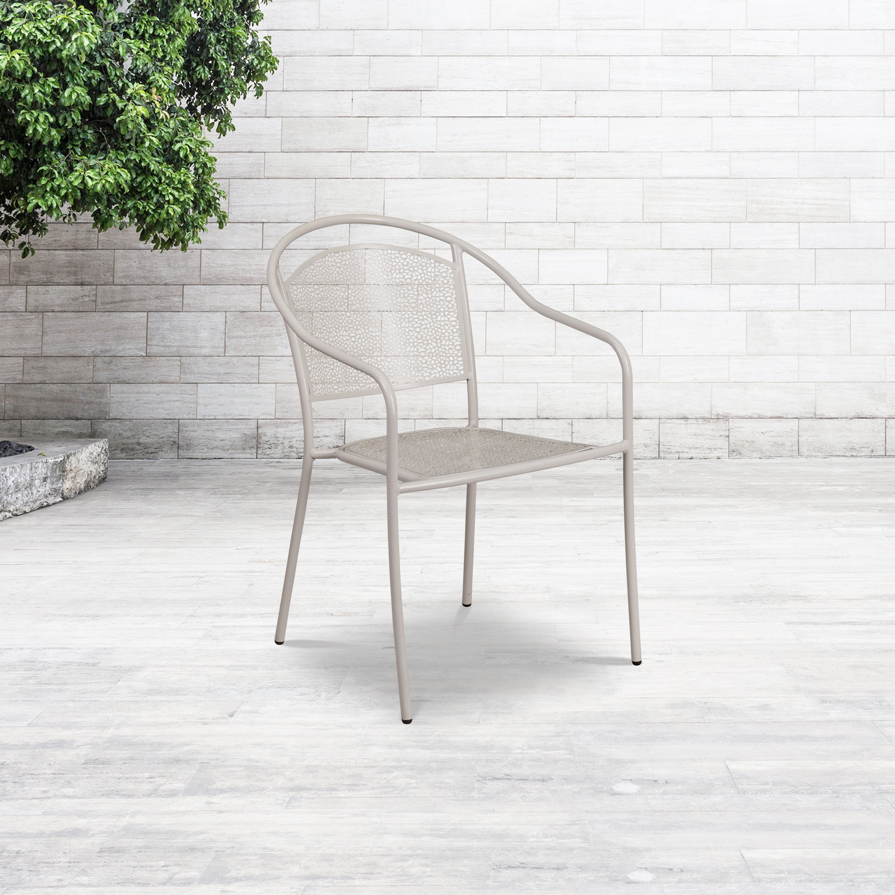 Emma + Oliver Commercial Grade Light Gray Indoor-Outdoor Steel Patio Arm Chair with Round Back