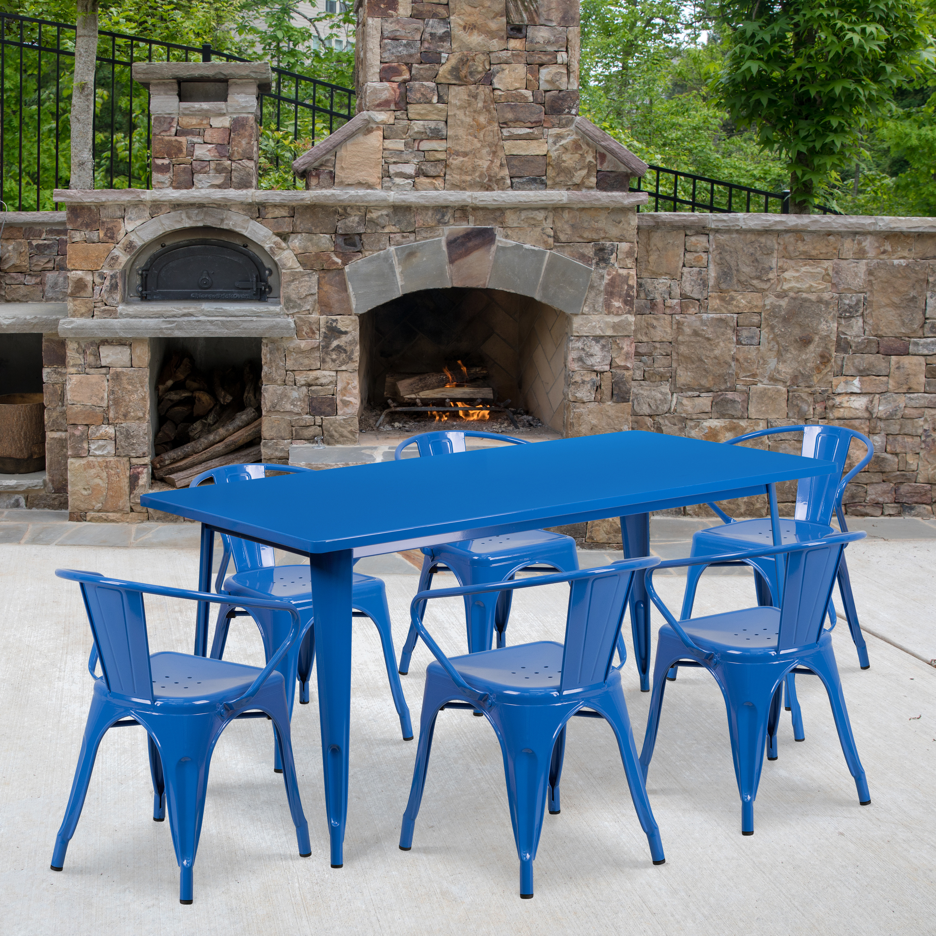 Emma + Oliver Commercial Grade Rectangular Blue Metal Indoor-Outdoor Table Set-6 Arm Chairs - image 1 of 5