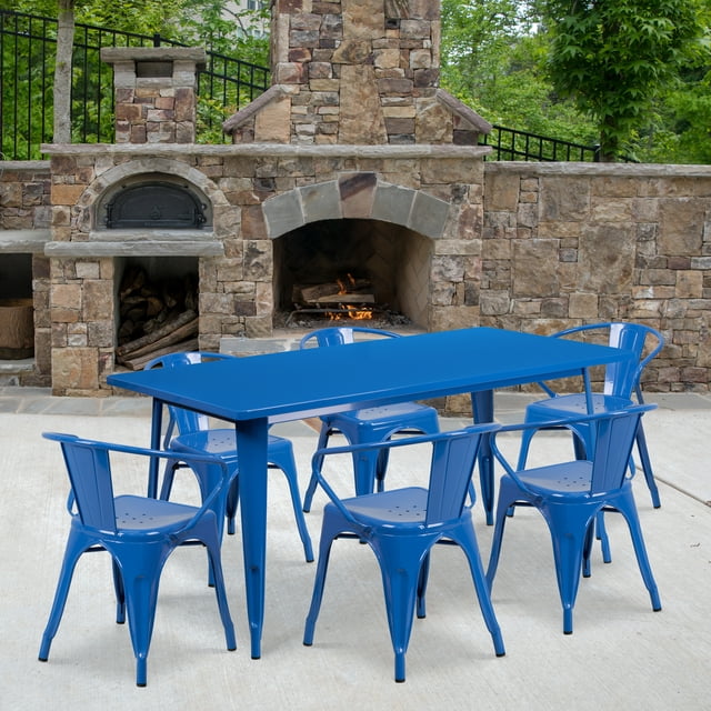 Emma + Oliver Commercial Grade Rectangular Blue Metal Indoor-Outdoor Table Set-6 Arm Chairs