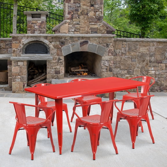 Emma + Oliver Commercial Grade Rectangular Red Metal Indoor-Outdoor Table Set-6 Arm Chairs