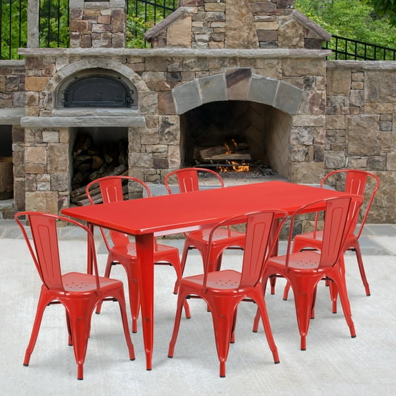 Emma + Oliver Commercial Grade Rectangular Red Metal Indoor-Outdoor Table Set-6 Stack Chairs