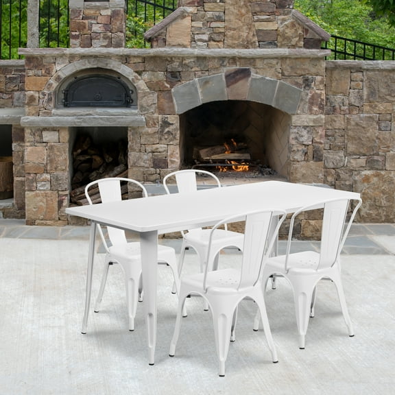 Emma + Oliver Commercial Grade Rectangular White Metal Indoor-Outdoor Table Set-4 Stack Chairs