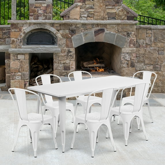Emma + Oliver Commercial Grade Rectangular White Metal Indoor-Outdoor Table Set-6 Stack Chairs