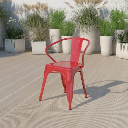 Emma + Oliver Commercial Grade Red Metal Indoor-Outdoor Chair with Arms