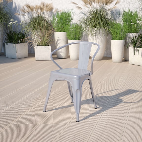 Emma + Oliver Commercial Grade Silver Metal Indoor-Outdoor Chair with Arms