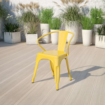 Emma + Oliver Commercial Grade Yellow Metal Indoor-Outdoor Chair with Arms