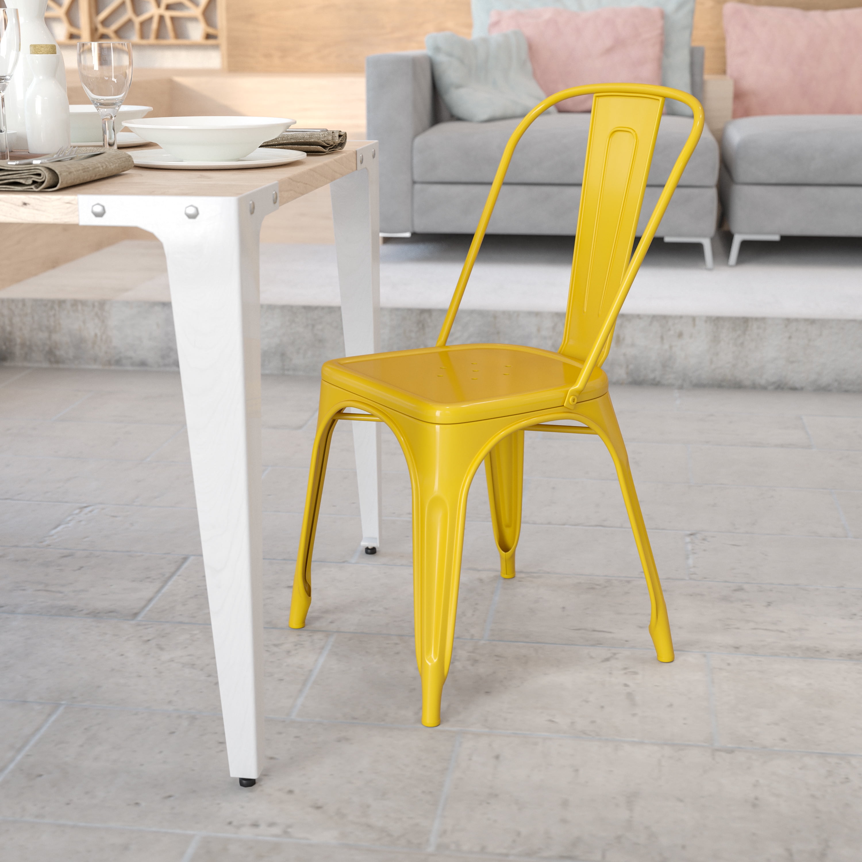 Emma Yellow Metal Indoor-Outdoor Stackable Dining Chair