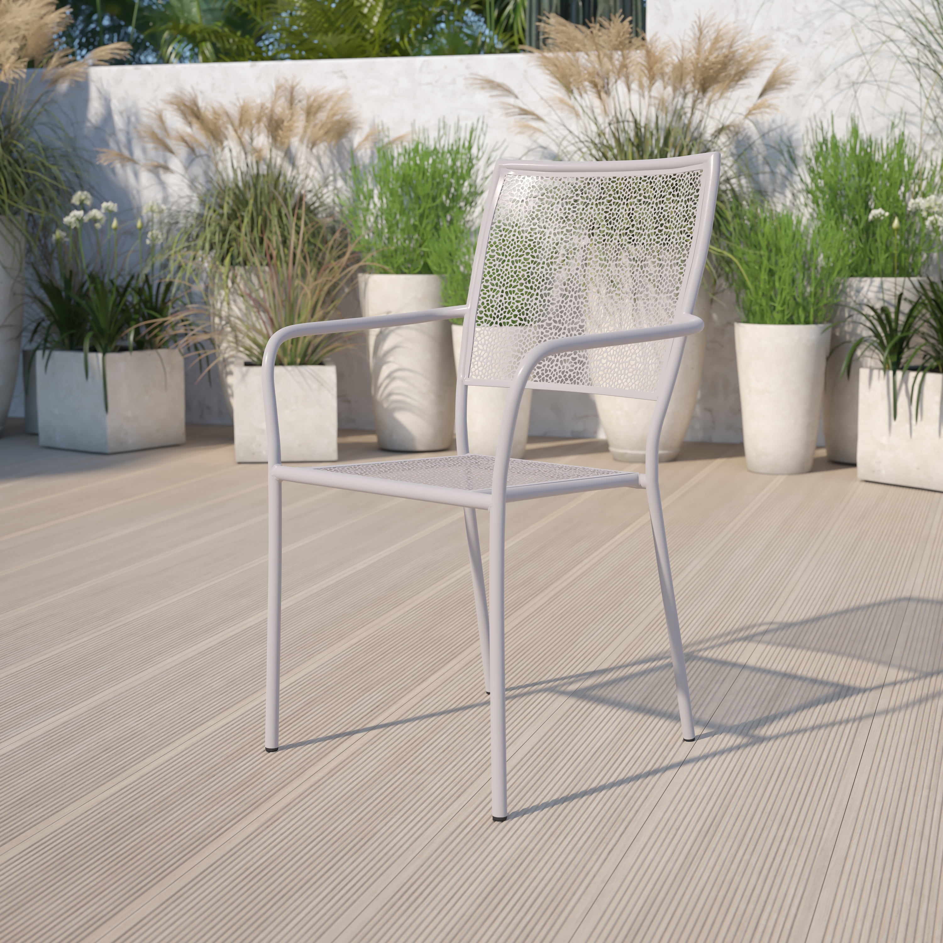 Emma + Oliver Commercial Light Gray Indoor-Outdoor Steel Patio Arm Chair with Square Back