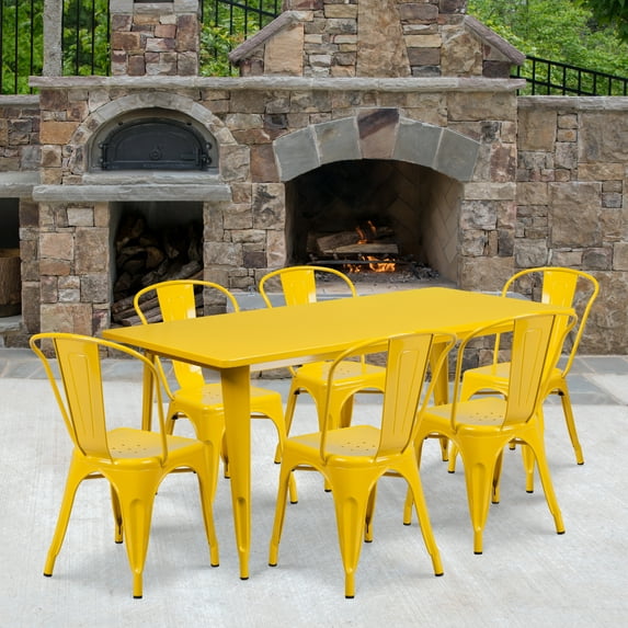 Emma + Oliver Commercial Rectangular Yellow Metal Indoor-Outdoor Table Set-6 Stack Chairs