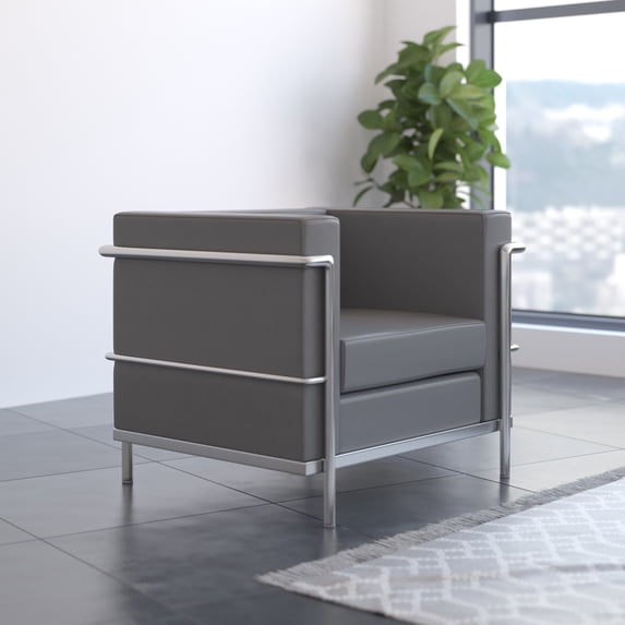Emma + Oliver Contemporary Gray LeatherSoft Chair with Double Bar Encasing Frame