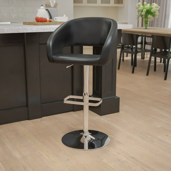 Emma + Oliver Contemporary Vinyl Upholstered Adjustable Height Barstool in Black with Rounded, Cutout Mid-Back and Chrome Pedestal Base