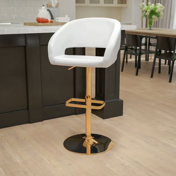 Emma + Oliver Contemporary Vinyl Upholstered Adjustable Height Barstool in White with Rounded, Cutout Mid-Back and Gold Pedestal Base