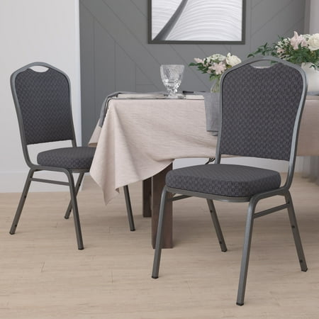 Emma + Oliver Crown Back Banquet Chair, Black Patterned Fabric/Silver Vein Frame