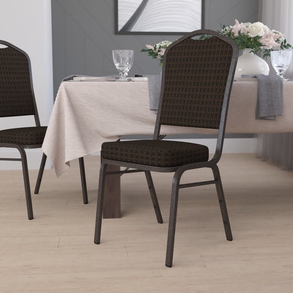 Emma + Oliver Crown Back Banquet Chair, Brown Patterned Fabric/Gold Vein Frame