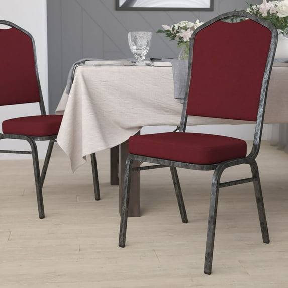 Emma + Oliver Crown Back Banquet Chair, Burgundy Fabric/Silver Vein Frame