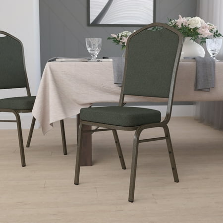 Emma + Oliver Crown Back Banquet Chair, Green Patterned Fabric/Gold Vein Frame