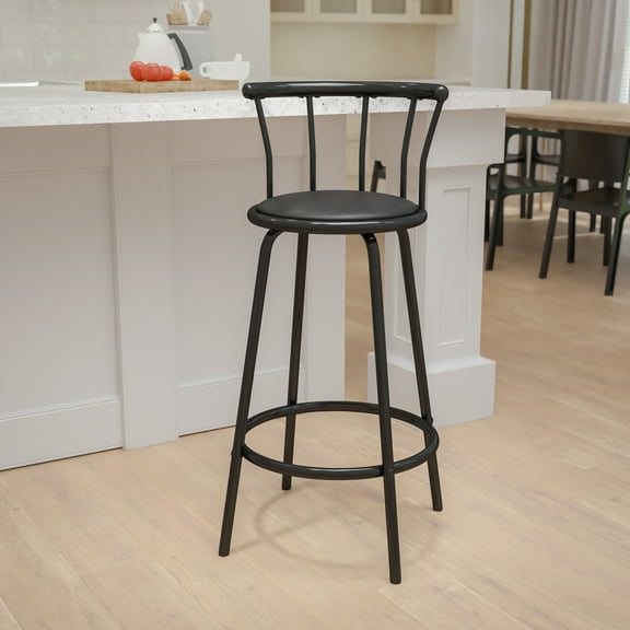 Emma + Oliver Crown Back Black Metal Barstool with Black Vinyl Swivel Seat