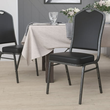 Emma + Oliver Crown Back Stacking Banquet Chair, Black Vinyl/Silver Vein Frame