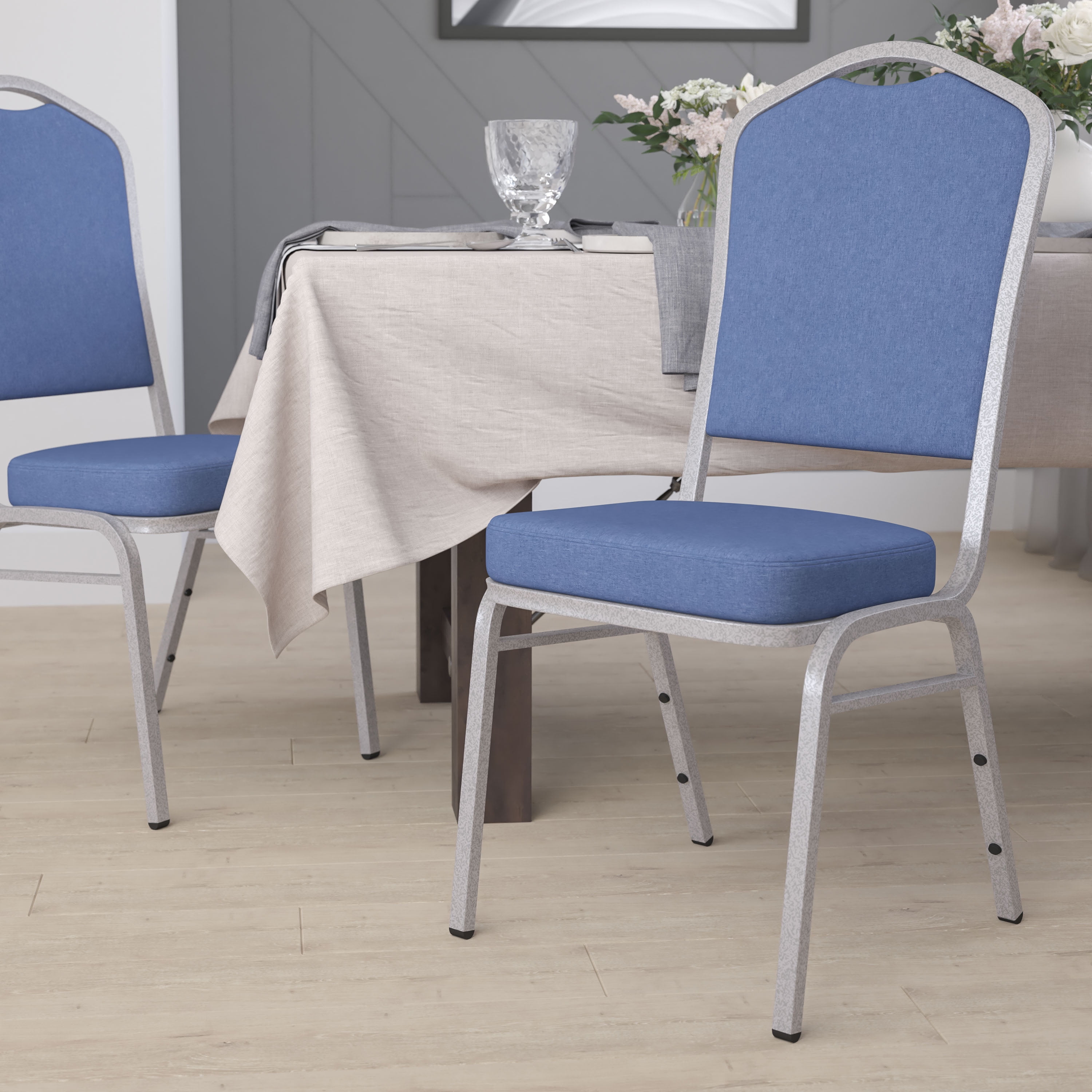 Blue Fabric Silver Frame Armless Stacking Dining Chair