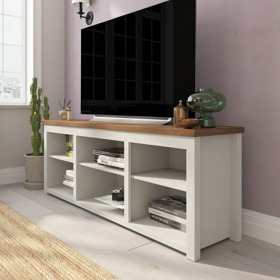 Emma + Oliver Cube Style TV Stand for up to 80" TV's in White with Walnut Top - 65" Media Console with 6 Open Storage Shelves