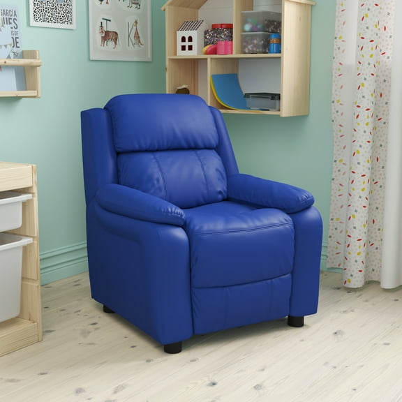 Emma + Oliver Deluxe Padded Blue Vinyl Kids Recliner with Storage Arms