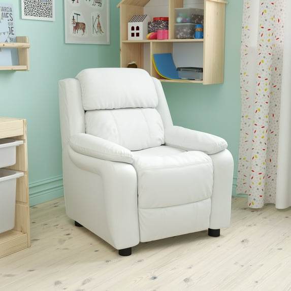 Emma + Oliver Deluxe Padded White Vinyl Kids Recliner with Storage Arms