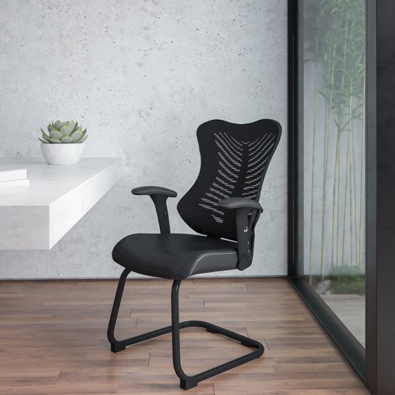 Emma + Oliver Designer Black Mesh Sled Base Side Reception Guest Chair with Adjustable Arms