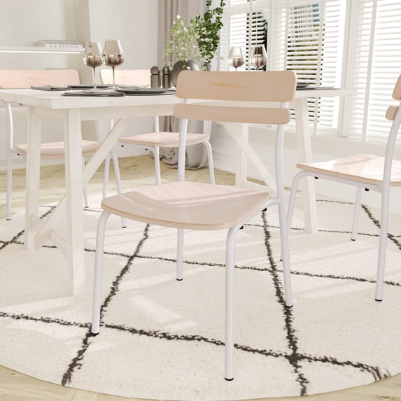 Emma + Oliver Dining Chair with White Metal Frame and Solid Wood Seat and Back with Antique White Finish
