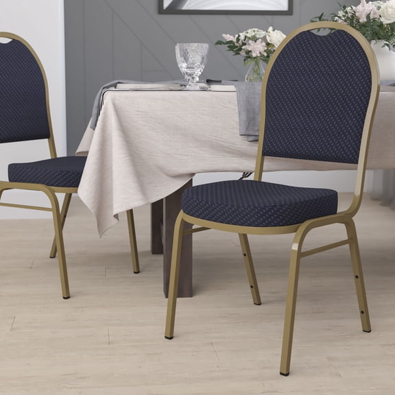 Emma + Oliver Dome Back Stacking Banquet Chair, Navy Patterned Fabric/Gold Frame