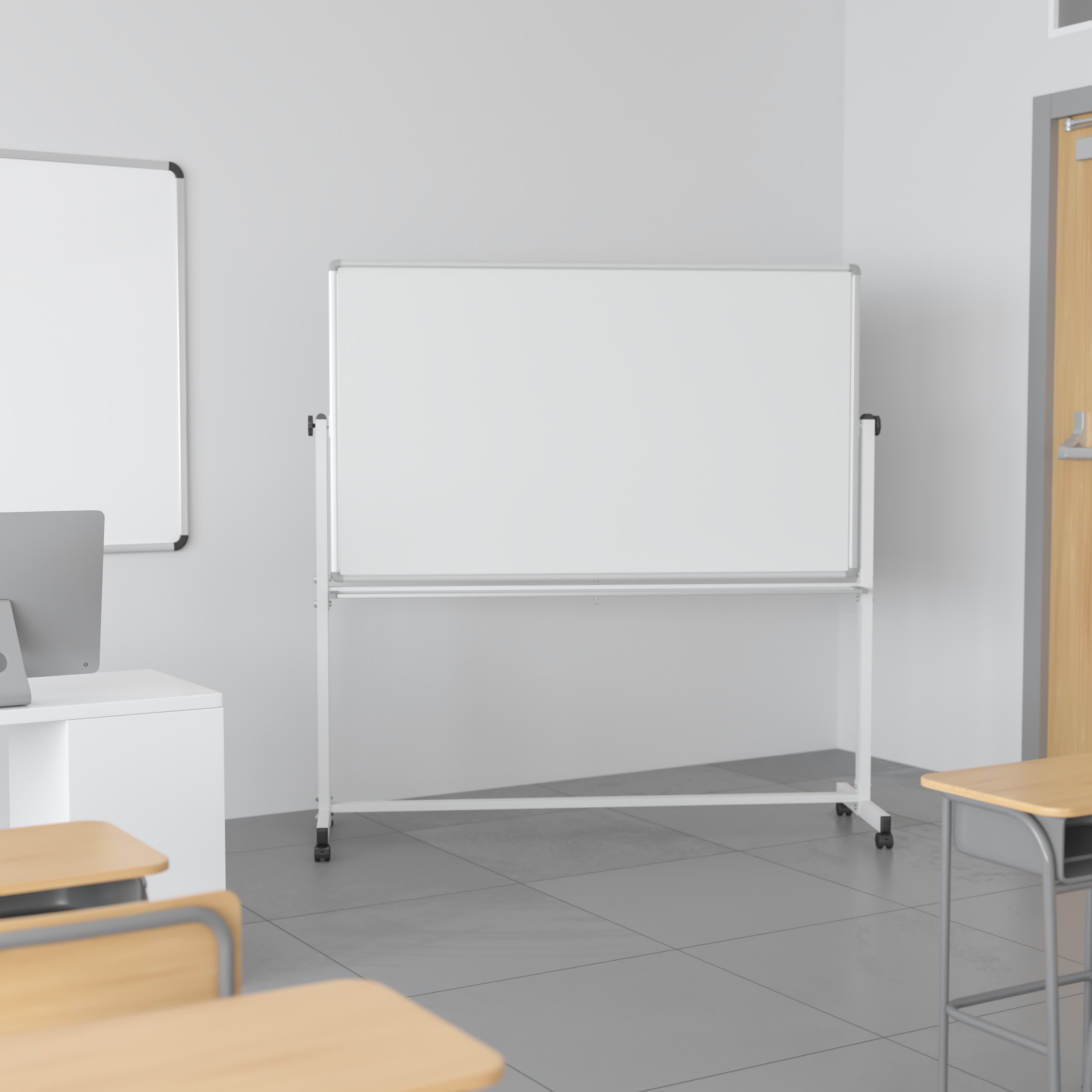Emma + Oliver Double-Sided Mobile White Board with Pen Tray, 45.25"W x 54.75"H