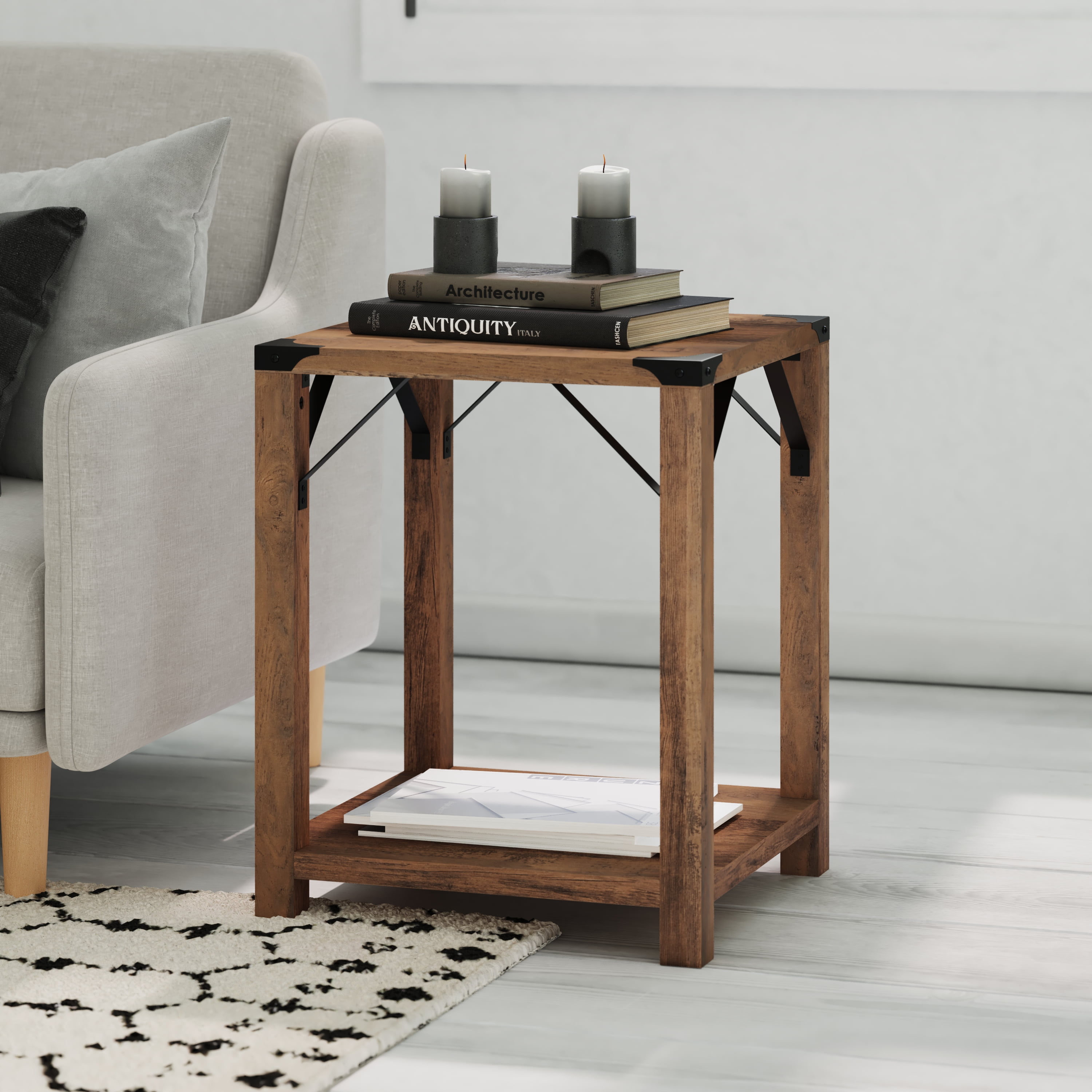 Emma Oliver Engineered Wood Modern Farmhouse End Table with Metal Accents in Rustic Oak Walmart