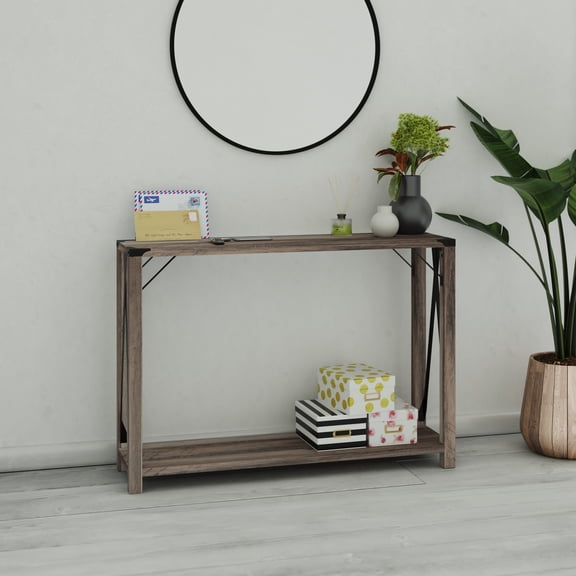 Emma + Oliver Engineered Wood Modern Farmhouse Entryway Console Table with Metal Accents in Gray Wash