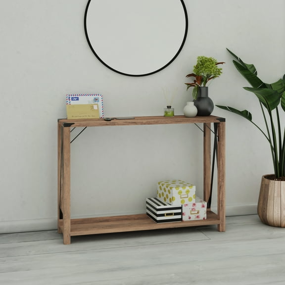 Emma + Oliver Engineered Wood Modern Farmhouse Entryway Console Table with Metal Accents in Rustic Oak