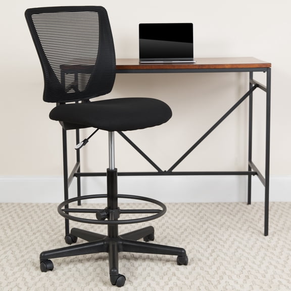 Emma + Oliver Ergonomic Mid-Back Black Mesh Drafting Chair with Adjustable Foot Ring